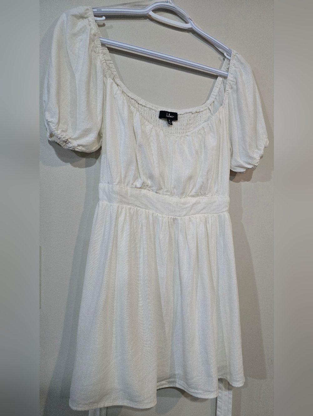 Lulus White Puff Sleeve Mini Dress. Rayon Linen Blend. Ladies Small
